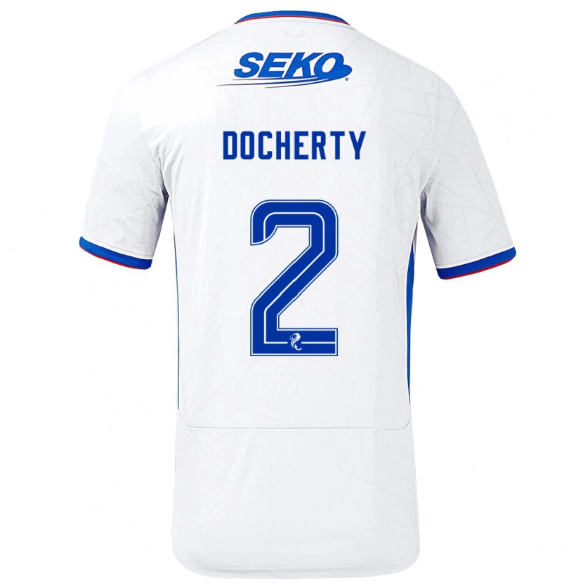 Danxen Bambino Maglia Nicola Docherty #2 Bianco Blu Kit Gara Away 2024/25 Maglietta