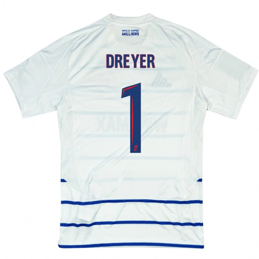 Danxen Bambino Maglia Matthieu Dreyer #1 Bianco Blu Kit Gara Away 2024/25 Maglietta