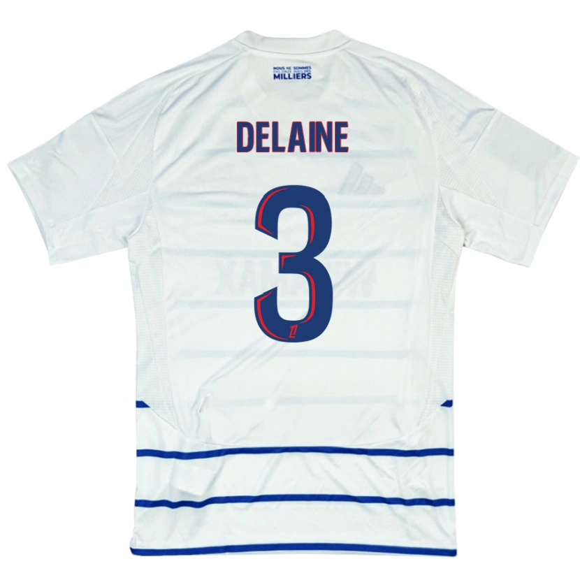 Danxen Bambino Maglia Thomas Delaine #3 Bianco Blu Kit Gara Away 2024/25 Maglietta