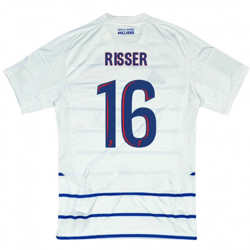 Danxen Bambino Maglia Robin Risser #16 Bianco Blu Kit Gara Away 2024/25 Maglietta