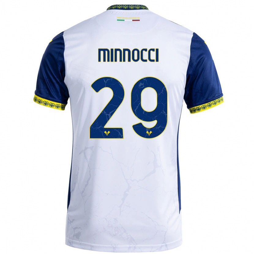Danxen Bambino Maglia Valerio Minnocci #29 Bianco Blu Kit Gara Away 2024/25 Maglietta