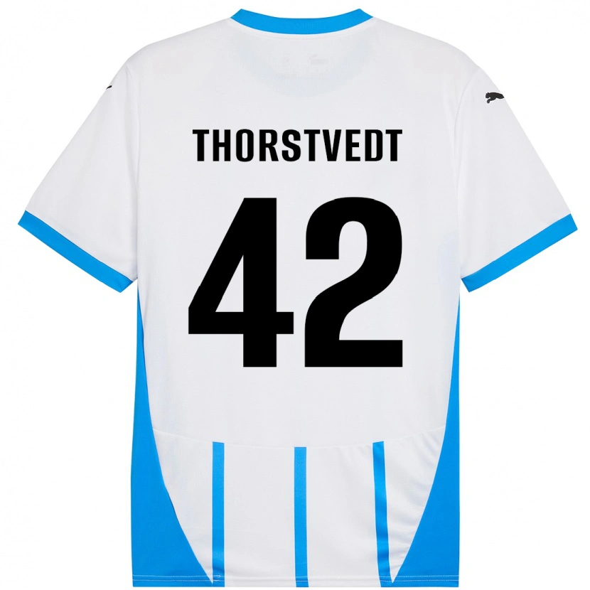 Danxen Uomo Maglia Kristian Thorstvedt #42 Bianco Blu Kit Gara Away 2024/25 Maglietta