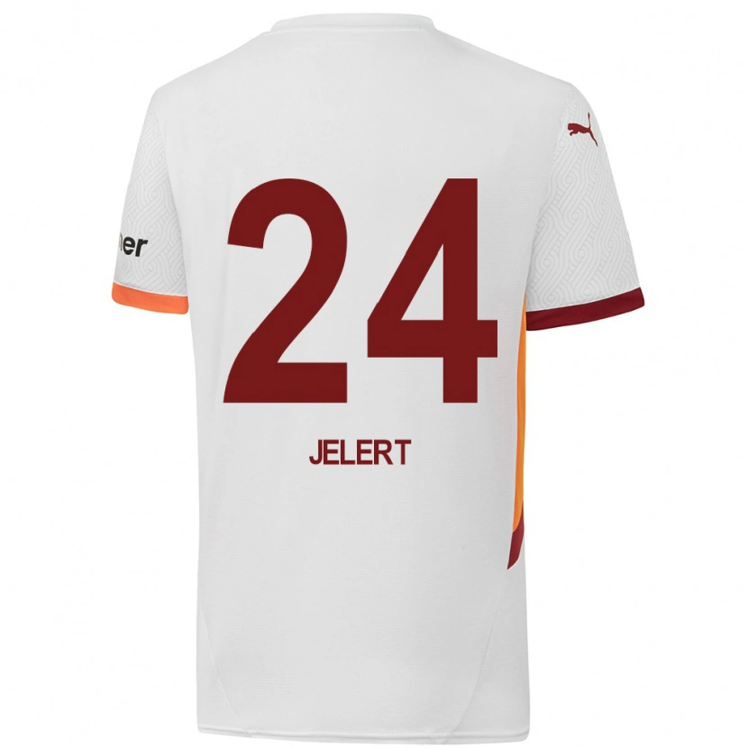 Danxen Uomo Maglia Elias Jelert #24 Bianco Giallo Rosso Kit Gara Away 2024/25 Maglietta