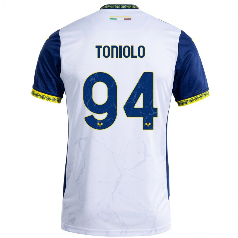 Danxen Uomo Maglia Giacomo Toniolo #94 Bianco Blu Kit Gara Away 2024/25 Maglietta