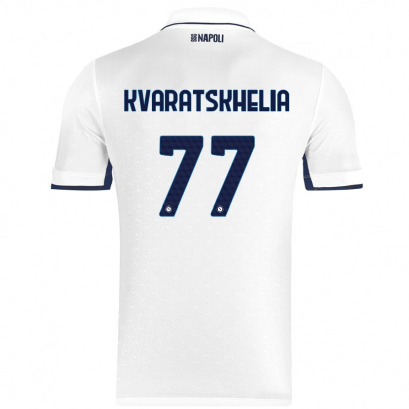 Danxen Donna Maglia Khvicha Kvaratskhelia #77 Bianco Blu Reale Kit Gara Away 2024/25 Maglietta