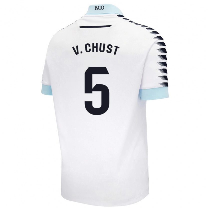 Danxen Donna Maglia Víctor Chust #5 Bianco Blu Kit Gara Away 2024/25 Maglietta