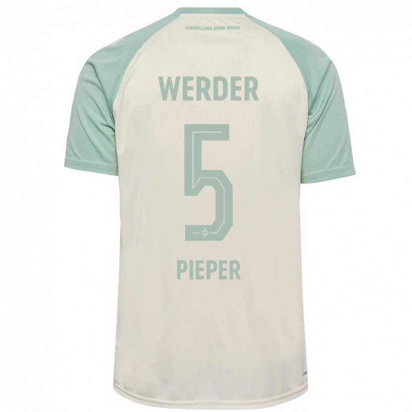 Danxen Donna Maglia Amos Pieper #5 Bianco Sporco Verde Chiaro Kit Gara Away 2024/25 Maglietta