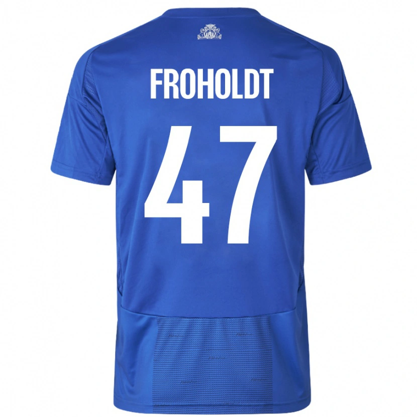 Danxen Bambino Maglia Victor Froholdt #47 Bianco Blu Kit Gara Away 2024/25 Maglietta