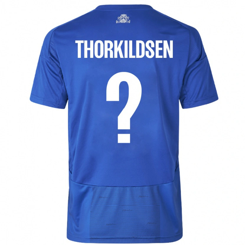 Danxen Bambino Maglia Elias Thorkildsen #0 Bianco Blu Kit Gara Away 2024/25 Maglietta