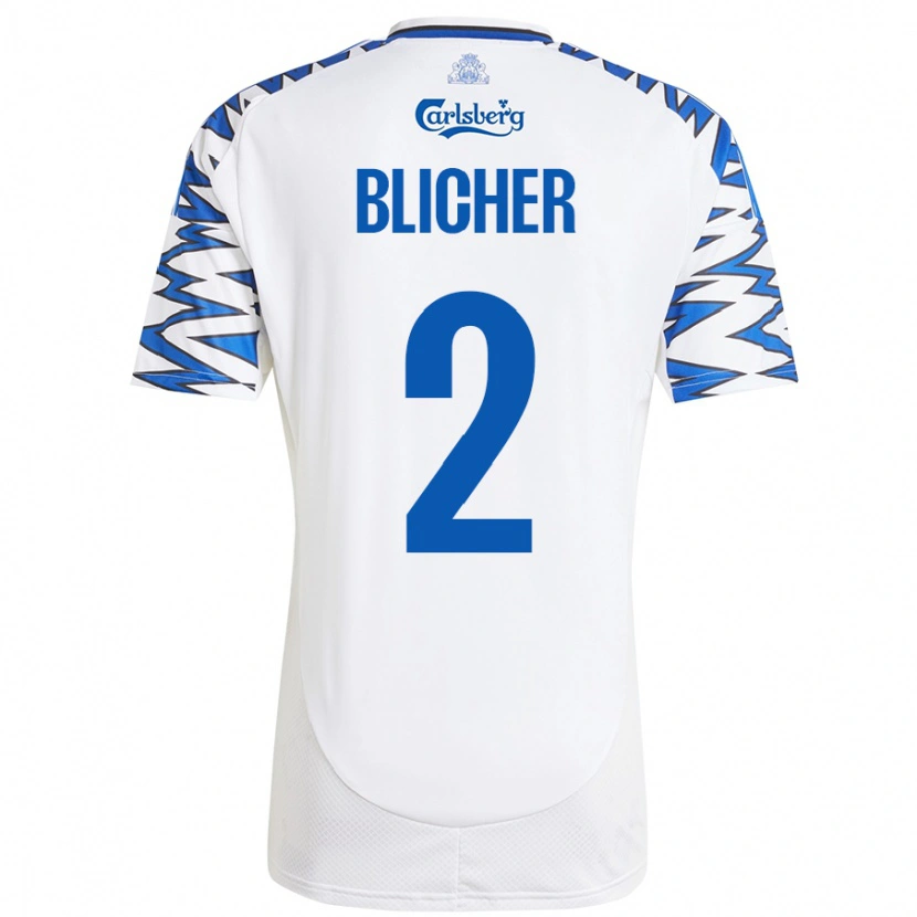 Danxen Uomo Maglia Nicolai Blicher #2 Bianco Azzurro Kit Gara Home 2024/25 Maglietta