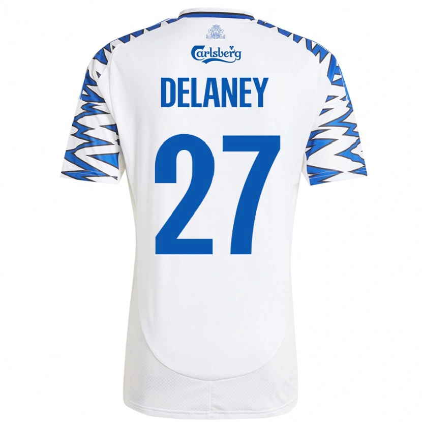 Danxen Donna Maglia Thomas Delaney #27 Bianco Azzurro Kit Gara Home 2024/25 Maglietta