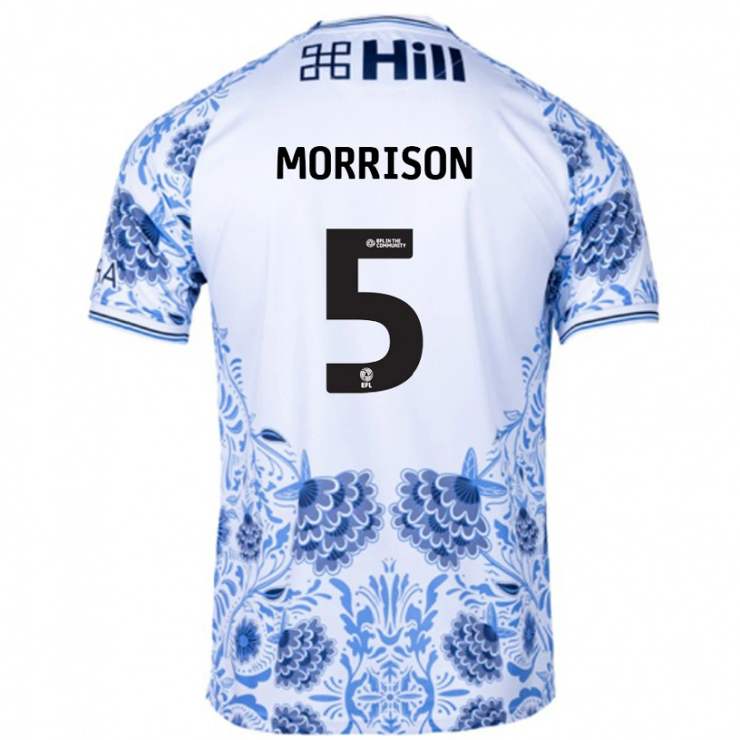 Danxen Donna Maglia Michael Morrison #5 Bianco Blu Kit Gara Away 2024/25 Maglietta