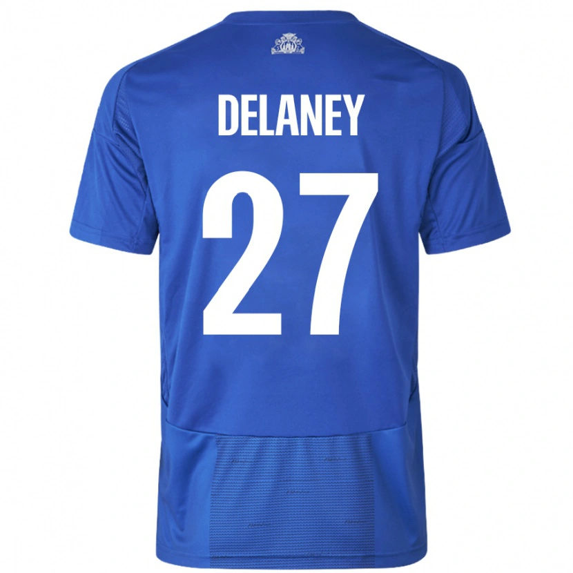Danxen Donna Maglia Thomas Delaney #27 Bianco Blu Kit Gara Away 2024/25 Maglietta