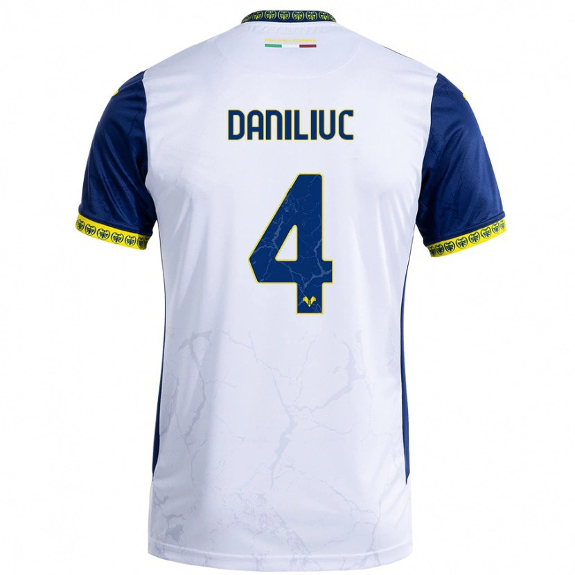 Danxen Bambino Maglia Flavius Daniliuc #4 Bianco Blu Kit Gara Away 2024/25 Maglietta